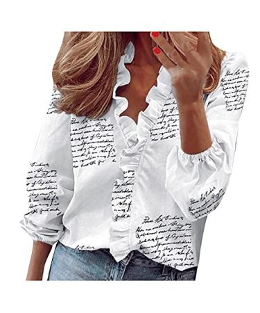 TUNUSKAT White Shirts For Women Fashion Letter Print Ruffle Tops Dressy Casual V Neck Long Sleeve Blouse
