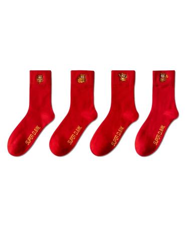 Chinese New Year Man's Red Socks Embroidered Autumn Winter Warm Sports Socks 2022 Spring Festival Good Luck Socks 4 Pairs (Color : Red-1 Size : 39-44) 39-44 Red-1