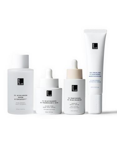 LAYERLAB K-Beauty 4-Step: Hyaluronic First Essence Niacinamide & Tranexamic Acid Visibly Dark Spot Appearance Serum Panthenol Moisture Barrier Support Serum and Squalane Intensive Facial Cream