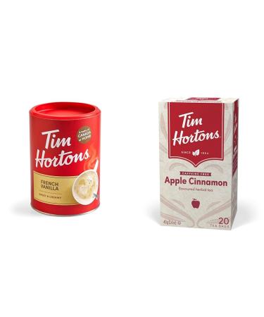 Tim Horton's Instant Cappuccino French Vanilla 16 Ounce & Apple Cinnamon Tea Bags Herbal Tea Decaffeinated 20 Count