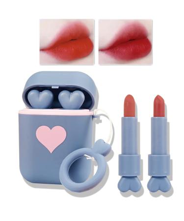 Matt lipstick make-up set 2 pieces/set headphones of two-tone lip gloss waterproof durable velvet moisturizing non-stick-cup lipstick-up gift set (blue)