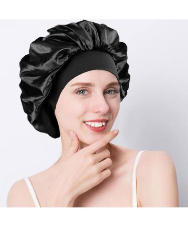 AliLeader 2Pcs Silk Hair Bonnet for Sleeping - Black+Leopard | Soft Satin Sleep Cap for Curly Hair - Buy Online on GoSupps.com