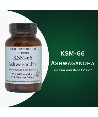 Barlowe's Herbal Elixirs KSM-66 Ashwagandha | Ashwagandha Root Extract | 5% Withanolides | 700mg per Capsule | 60 Veggie Capsules | Stearate Free | Glass Bottle - Buy Online on GoSupps.com