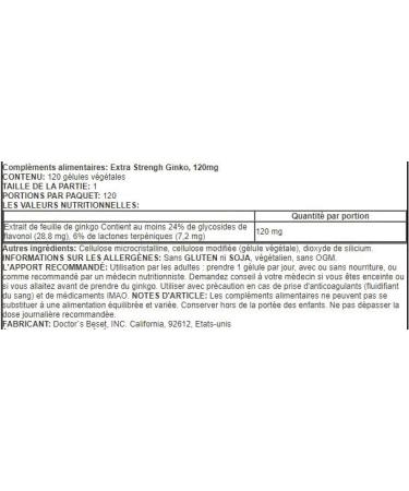 Doctor's Best Ginkgo Biloba Extra Strong - 120mg - 120 Vegetable Capsules | Memory and Circulation Support - Buy Online on GoSupps.com