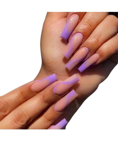 Press on Nails 3 Sets Purple French Fake Nail Pointed Long Artificail Nails Press-on Nails for Women Girls (Color : Purple) (Color : Purple) (Purple)