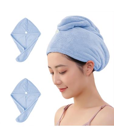 2 Packs Microfiber Towel Hair Turbans for Wet Hair Drying Hair Wrap for Women (Blue Blue)