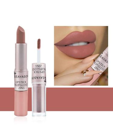 Hikaka 2 in 1 Matte Velvet Satin Lipstick & Gloss Set Double Headed Matte Finish Non-stick Cup No Fade Nude Color Long Lasting Waterproof Lip Gloss (A)