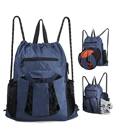 BeeGreen Drawstring Backpack Basketball Bag with Ball Holder & Shoe Compartment Sling Backpack for Boys Girls Navy