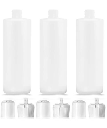 3 Pack 16 Oz HDPE Plastic Bottles with 6 Caps (in 2 Styles, Press up Disc, and Turret) - BPA Free Latex-Free, Food-Grade, Great for Shampoo, Body Wash, Sauce and More