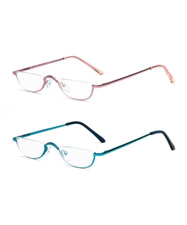 KoKoBin Half Reading Glasses,2 Pack Half Rim Metal Frame Glasses Spring Hinge Readers with Leather Pouch for Men and Women (Blue+Pink,2.00) Blue&pink 2.0 x