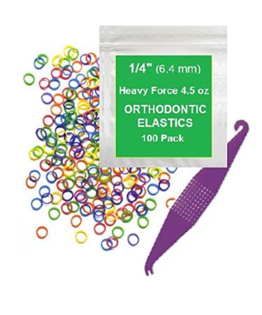1/4 Inch Orthodontic Elastic Rubber Bands, 100 Pack, Neon, Heavy 4.5 Ounce Small Rubberbands Dreadlocks Hair Braids Fix Tooth Gap, Free Elastic Placer for Braces 303 Piece Set 100 Pack - Neon