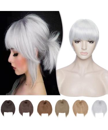 Hairro Clip in Bangs Synthetic Hair Extensions with Temples Thick Clip in Silvery Grey Forehead Topper for Women with Short Blunt Cut Full Fringe Small Toupee Hairpiece for Hair Loss Thinning Hair Bang Topper-Silvery Gre...