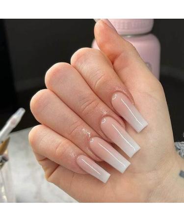 Foccna Fake Nails Long Square Nude Full Cover Press on Nails Acrylic Glossy Gradient Nails False Nails Prom Nails Women's (24 pcs) Square Nude Style