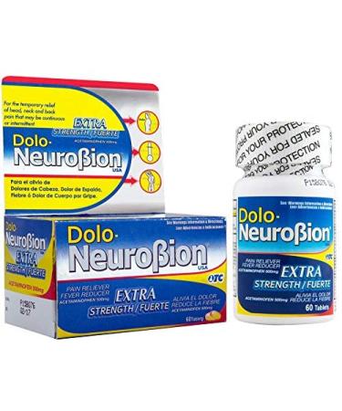 Dolo Neurobion Pain Reliever Fever Reducer Extra Strength. Alivia el Dolor Reduce la Fiebre Extra Fuerte. 60 Tablets. Acetaminophen 500 mg