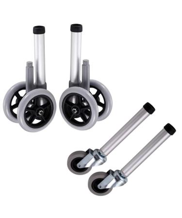 4 Castor Wheels Walker Wheels and Replacement Feet Includes 2 Glide Tips and Two 5 Inch Rubber Wheel Folding Walkers Heavy Duty Replacement Caster Wheels