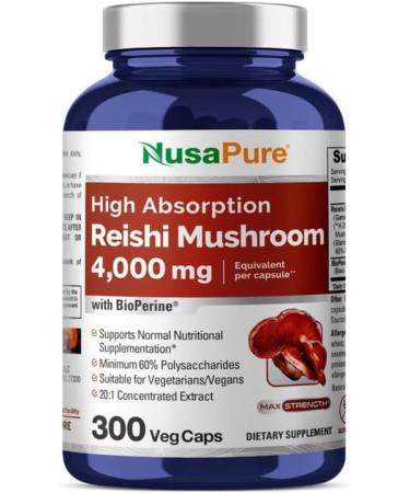 NusaPure Reishi Mushroom Extract 4000mg per Capsule 300 Veggie Caps Vegan, Non-GMO, Gluten-Free 300 Count (Pack of 1) - Buy Online on GoSupps.com