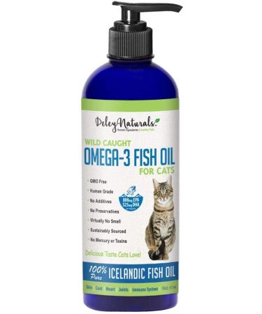 Deley Naturals Wild Caught Fish Oil for Cats - 16oz - Omega 3-6-9, GMO Free - Reduces Shedding, Supports Skin, Coat, Joints, Heart, Brain, Immune System - Highest EPA & DHA Potency  Pure Fish Oil
