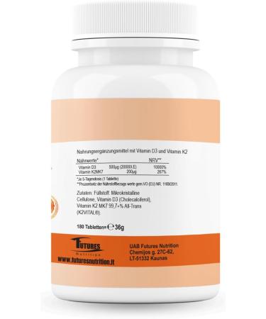 Future's Nutrition 20 000 I.E Vitamin D3 K2 - Vegan High Bioavailability 99.7% All-Trans 180 Tablets for Optimal Purity - 1 Tablet Every 20 Days - Buy Online on GoSupps.com