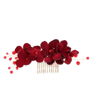 DOITOOL 1pc Womens Barrettes for Hair Mens Comb Floral Decor Accesorios Para Mens Hair Comb Hair Combs for Women Pearl Hair Pin Inserted Comb Bride Wedding Accessories Red
