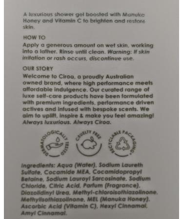 Ciroa Manuka Honey & Vitamin C SHOWER GEL 33.8 fl oz (1 000ml) Dermatologically Tested Cruelty Free (Pack of One) - Buy Online on GoSupps.com