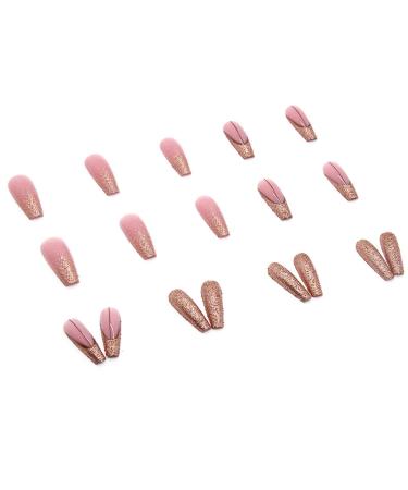 Justotry 24-Piece Gold Glitter Coffin French Nails - Glossy Pink & Coffee Ballerina Artificial Nail Art for Women | Stylish Fake Fingernails - Buy Online on GoSupps.com