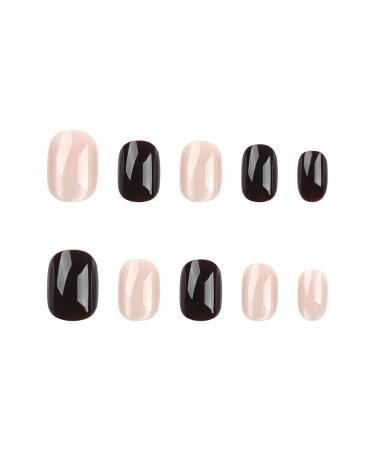 Mouyouglow Short Squoval Black Nude Cat Eye Press On Nails | Glossy Artificial Fingernails with Glue - Q31 - Buy Online on GoSupps.com