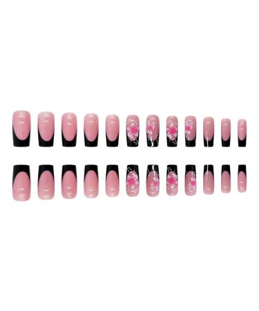 24Pcs Hibiscus Flowers Press On Nails - Medium Square Fake Nails with Black French Tips & Glossy Nude Pink - Full Cover Nail Decor for Women & Manicure - Buy Online on GoSupps.com