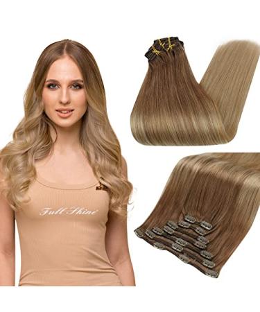 FSHINE REAL HAIR Extensions Clip 60cm 24 inches 120g 7Pcs Balayage chocolate brown up to Dirty Blonde Hair Extensions Clip in real hair remy clip in hair extension natural #ba10/14 3.8 clip #ba10/14 60cm