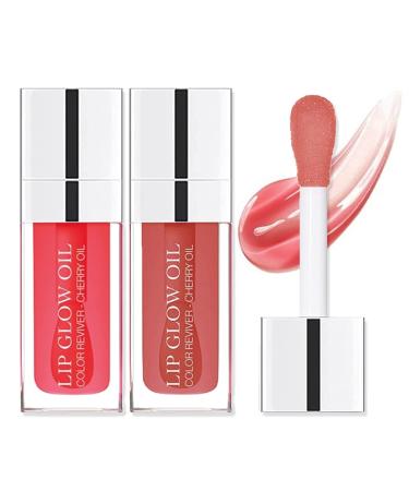Charm Kiss 2 Colors Hydrating Lip Oil Plumping Lip Tint Moisturizing Lip Gloss  Plump Lip Gloss Lip Care Transparent Toot Lip Oil Tinted  Glass Lip Glow Oil Fresh Texture  Long Lasting Nourishing 012Rosewood & 015Cherr...
