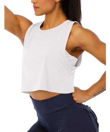 Haola Women's Loose Sleeveless Cropped Muscle Open Side Yoga Tops Workout Cool T-Shirt Running Short Tank Crop Tops Small White