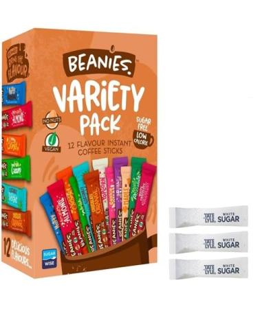 Beanies Flavored Coffee Variety Pack - 144 Individual Sachets 2kcal per Serving Gluten-Free Sugar-Free Vegan Instant Coffee 12 Sachets x 12 Pack with FREE-150 SUGAR SACHETS
