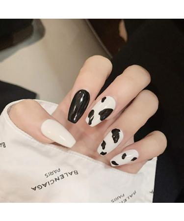 Sethexy long coffin false nail ballerina black and white place wrong fingernails 24st acrylic press nail tips for women and girls