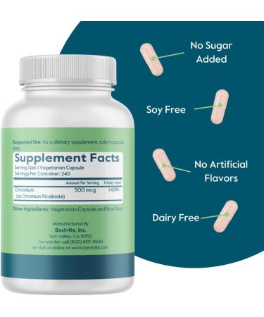 BESTVITE Chromium Picolinate 500mcg (240 Vegetarian Capsules) - No Stearates - No Dicalcium Phosphate - Vegan - Gluten Free - Non-GMO 240 Count (Pack of 1) - Buy Online on GoSupps.com