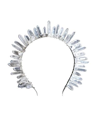 amangul Quartz Headband Natural for Crystal for Head Natural for Matter Rainbow Stone Crown -style for Rhinesto(Silver Line White)