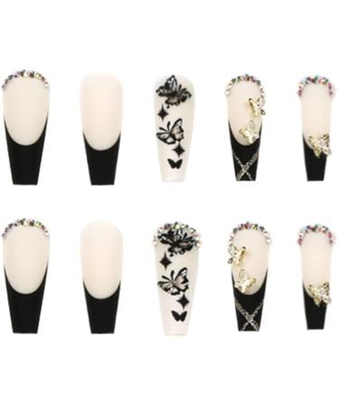 JUSTOTRY 24 Pcs Diamante Butterfly Design Black French Press on Nails - Nude Medium Ballerina Stick on Acrylic Coffin False Nails with Glue for Women - Buy Online on GoSupps.com