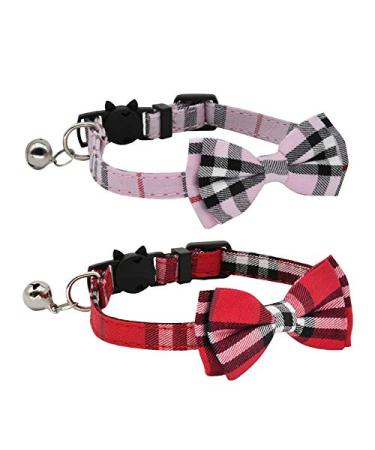DAIXI Cat Collar, Breakaway with Cute Bow Tie and Bell for Kitty and Some Puppies, Adjustable from 7.8-10.5 Inch 2 Packset Pink+Red