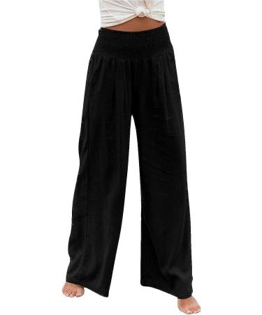 Bidobibo High Waisted Linen Palazzo Pants for Women - Boho Casual Trousers with Pockets | Beach Lounge Wear | Black, Medium - Buy Online on GoSupps.com