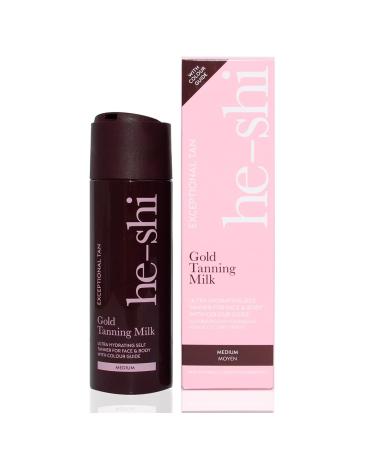 He-Shi Gold Tanning Milk 200ml - Lightweight Fake Tan Milk with Glycerine & Hyaluronic Acid for Silky Hydrated Skin Medium Golden Glow - 96% Natural Suitable for All Skin Types