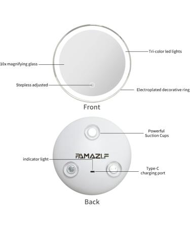Pamazi.F Travel Makeup Mirror 10X Magnification with Light | Rechargeable LED Mirror for Bathroom | Triple Suction Cups | 6.69 Inch - Buy Online on GoSupps.com