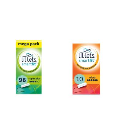 Lil-Lets Non-Applicator Super Plus Tampons X 96 | 6 Packs of 16 | Heavy Flow & Non-Applicator Ultra Tampons Pack of 10 + Ultra Tampons