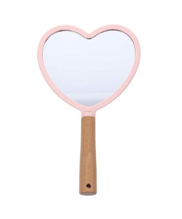 BinaryABC Heart Shape Hand Held Mirror Cosmetic Mirror Wooden Handle Makeup Mirror(Pink)