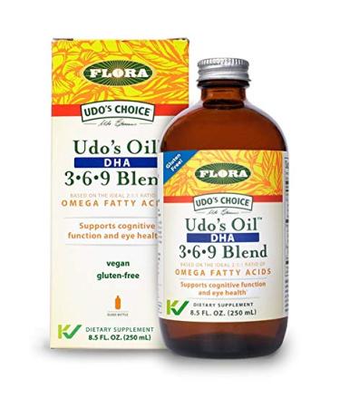 Flora - Udo's Choice Omega 369 Oil Blend with DHA, Udo's Oil Balanced 2:1:1 Ratio of Omega Fatty Acids, Supports Cognitive Function & Overall Health, 8.5-fl.oz. Glass Bottle