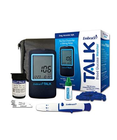 Embrace Diabetes Testing Kit Includes 1 Embrace Talk Meter 50 Embrace Talk Test Strips 50 Embrace 30g Lancets 1 Embrace Lancing Device 1 Control Solution and Carrying Case