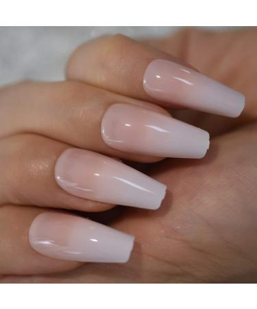 Glossy Ombre Pink Nude White French Ballerina Coffin False Nails - Reusable Gradient Natural Press-On Tips | L5665 - Buy Online on GoSupps.com