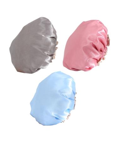 AHENOD Shower Caps for Women Reusable Waterproof 3 Pack Double Waterproof Layers Bathing Shower Hat Hair Protection EVA Shower Caps 3 Colors (Color 1)
