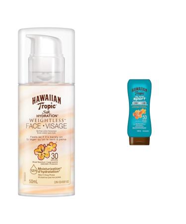 Hawaiian Tropic Silk hydration weightless oil-free face sunscreen lotion SPF 30 50ml & Island Sport Sunscreen Lotion Spf 50 240 Milliliters