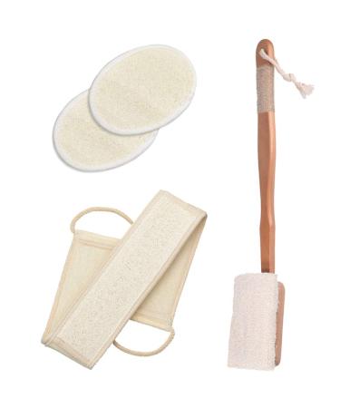 4 Pcs Loofah Exfoliating Back Scrubber Set 100% Natural Luffa Body Bath Sponge Pad Double Side Scrubbing Strap Back Exfoliator with Long Wooden Handle Back Brush Washer for Shower and Bath Spa