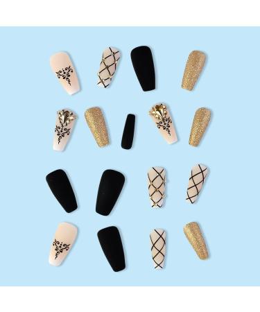 MouYou Press on Nails Long Ballerina Black Grids Fake Nails Full Cover Artificial Nails with Nail Glue Coffin 3D Rhinestone Black Pattern Gold Glitter Acrylic Artificial Fingernails for Women - Buy Online on GoSupps.com