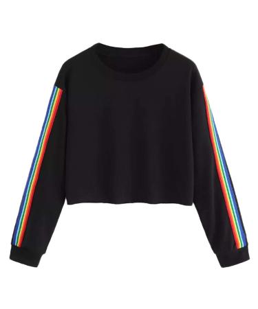 Bigfanshu Women's Sweatshirts Pullover Hoodie Long Sleeve Rainbow Patchwork O Neck Casual Blouse
