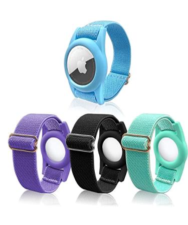 AirTag Bracelet for Kids AirTag Holder with Elastic Wristband Anti-Lost Watch Band for Apple Air Tag Adjustable Strap for Toddler 4 Pack Black+Purple+Blue+Green